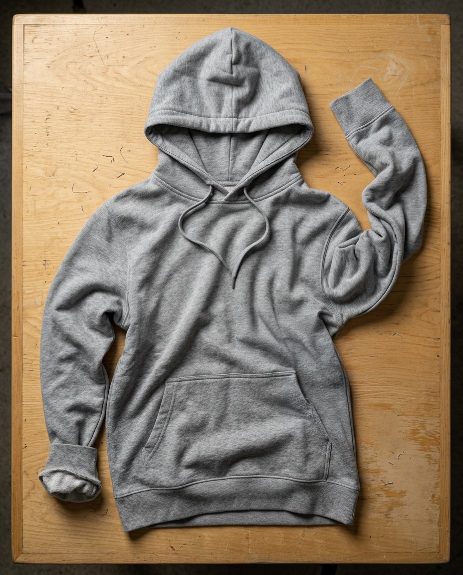 Sudadera gris fotografiada en plano cenital sobre una mesa de madera, imagen de partida del lote