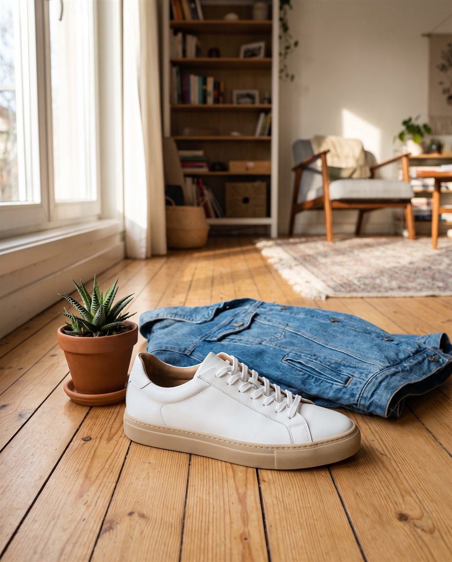 Zapatilla blanca fotografiada sobre un suelo de madera junto a una chaqueta vaquera, foto de partida