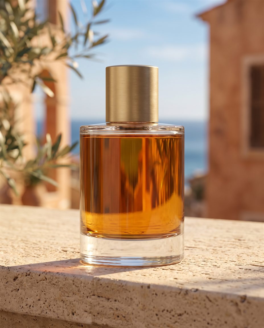 El mismo frasco de perfume sobre una repisa de piedra con luz de mañana, escena generada