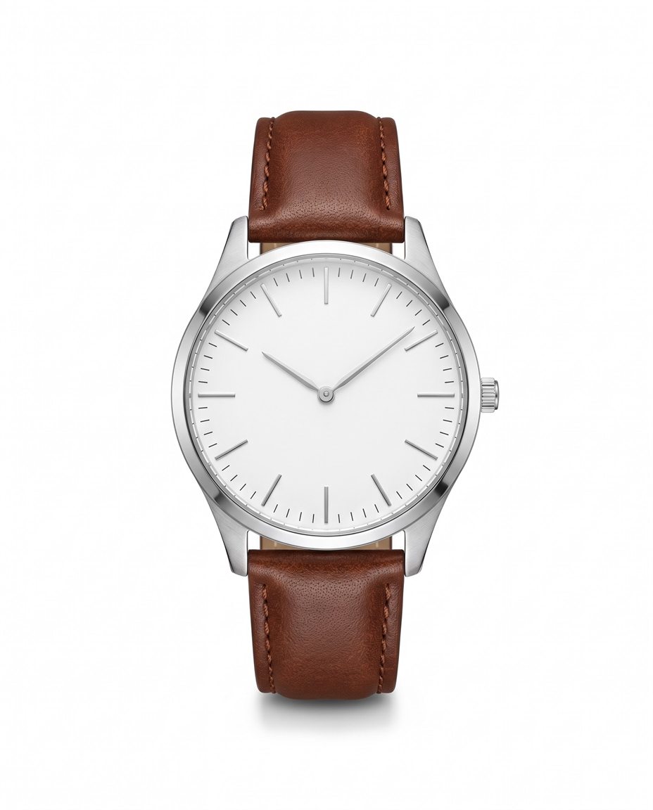 Reloj de pulsera con correa de piel sobre fondo blanco, imagen de partida