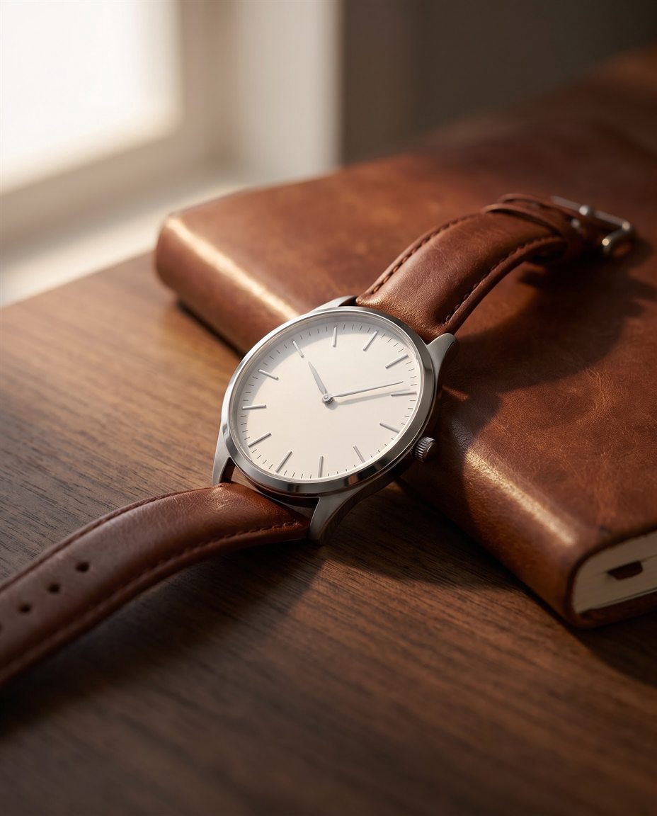 El mismo reloj sobre un escritorio de nogal junto a una libreta, escena generada