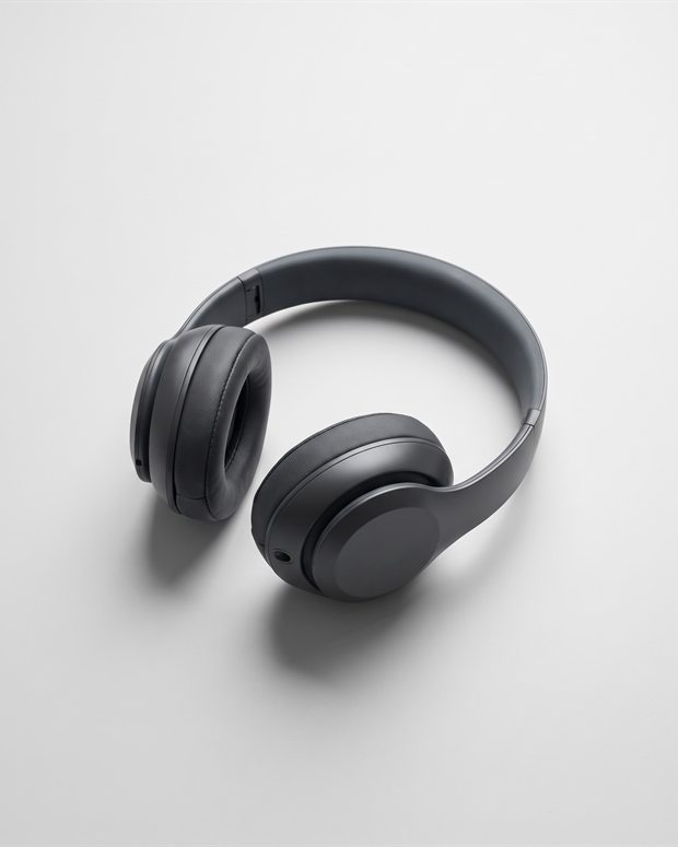 Auriculares de diadema inalámbricos sobre superficie gris clara, fotografía de producto generada con IA