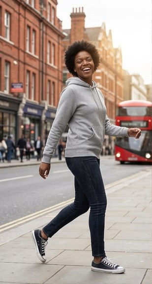 El mismo modelo virtual con la misma sudadera gris, en un escenario de exterior urbano