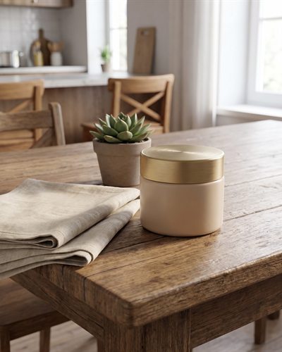Tarro de crema fotografiado sobre una mesa de madera con luz natural, la foto de partida del cliente