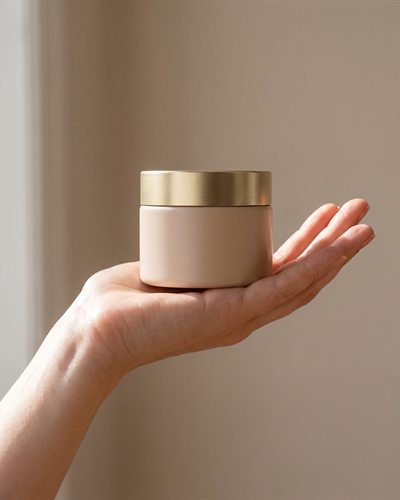 Una mano sosteniendo el tarro de crema con luz natural